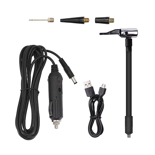 Комплект насадок, провод зарядки от автомобильного прикуривателя, провод зарядки Micro USB, воздушный шланг
